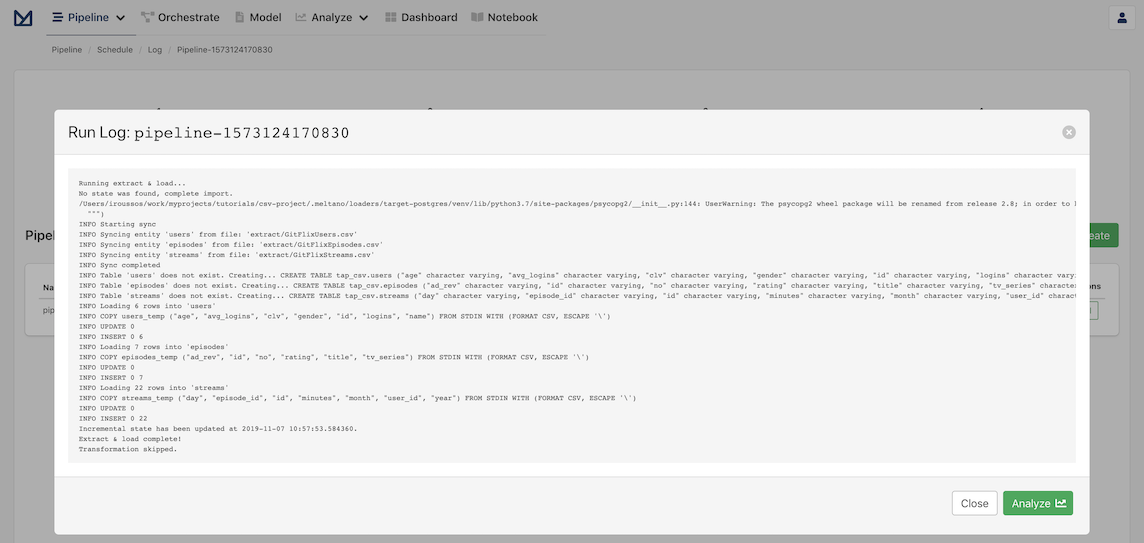 Screenshot of run log of a completed pipeline for the CSV Extractor