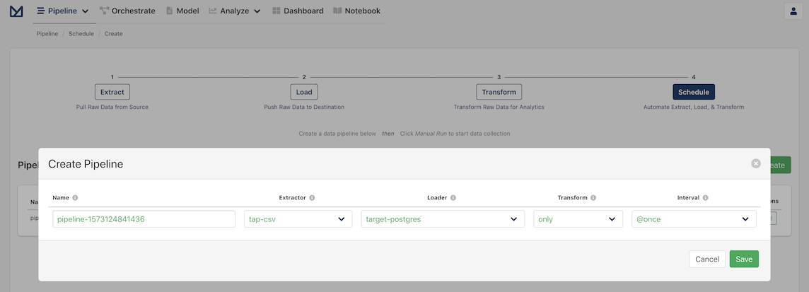 Create pipeline modal for the CSV Extractor