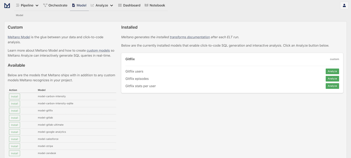 Screenshot of Analyze: Model page for the CSV Extractor